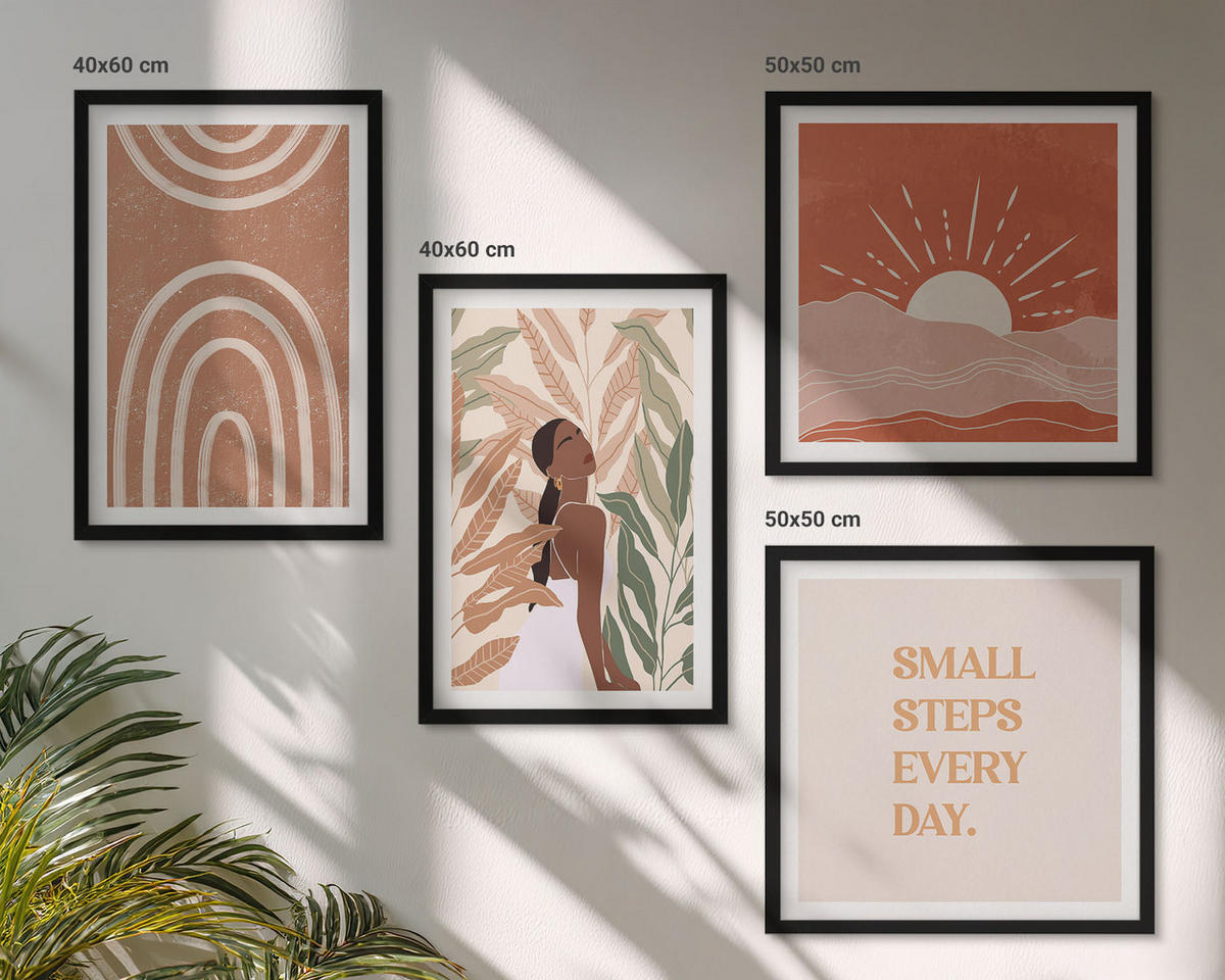 WANDBILDER 4er-Set - 50x50 cm & 40x60 cm Schwarzer Rahmen - abstrakte Formen im Boho-Stil - Schwarz, Kunststoff (50/50cm) - ArtPrintCave
