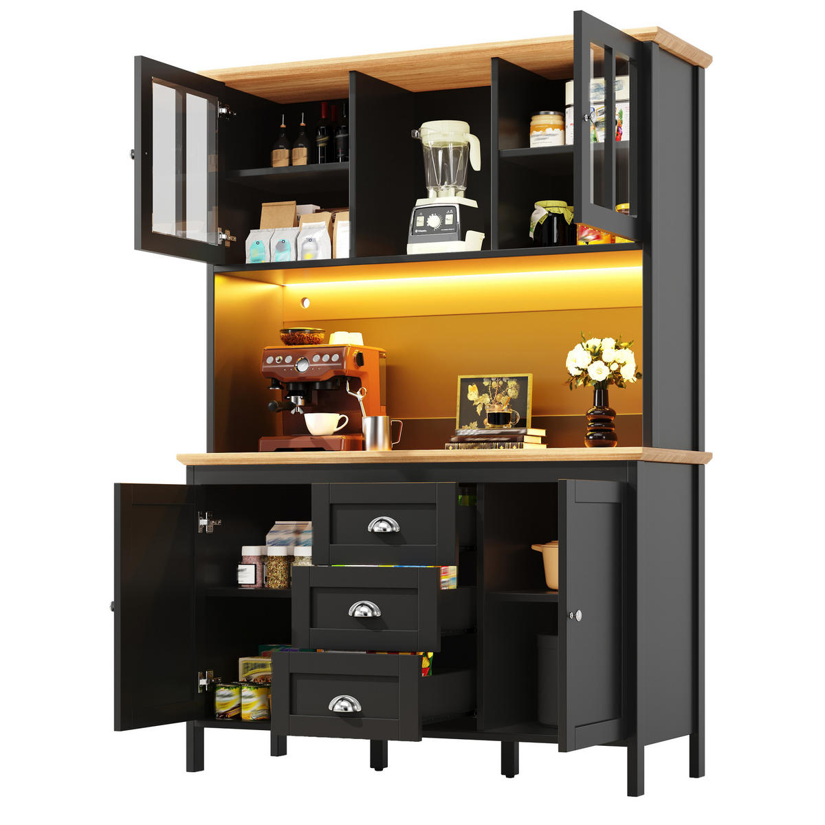 KÜCHENSCHRANK 120x40x179 cm, 4 Türen, 3 Schubladen, LED-Beleuchtung, Schwarz - Schwarz, Holzwerkstoff (120/179/40cm) - FOHERE