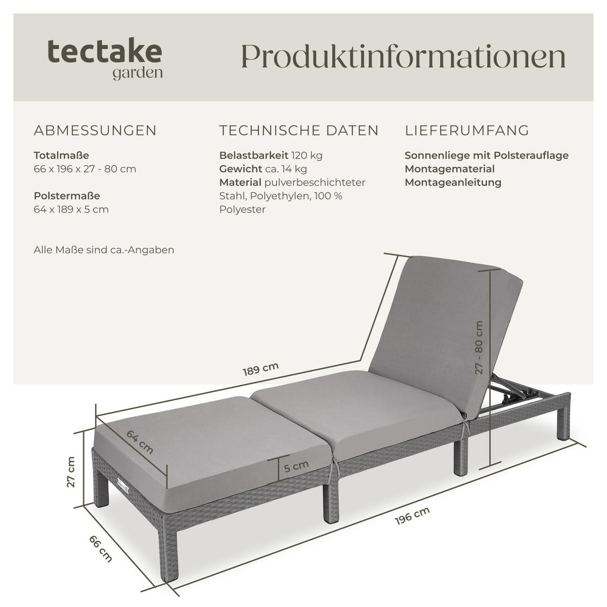 RATTAN-SONNENLIEGE Sofia,196 x 66 x 27 cm,grau - Grau, Kunststoff (66/27/196cm) - tectake