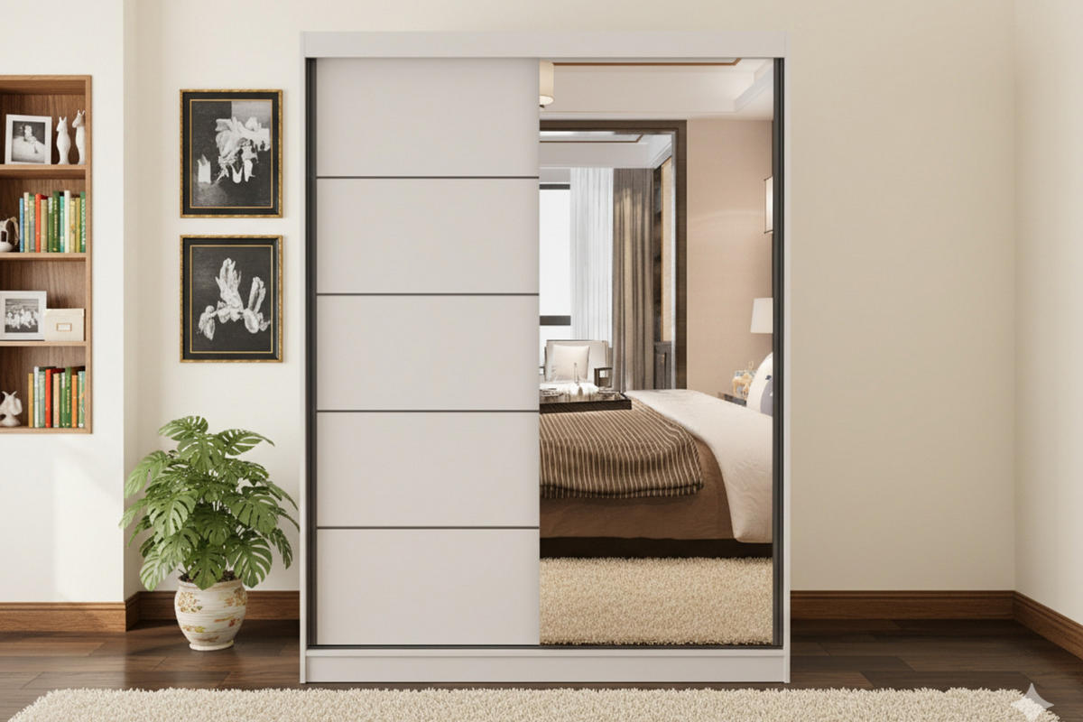 SCHWEBETÜRENSCHRANK VELMA 05 150/200 in Kaschmir mit Spiegel und LED - Kaschmir, Holzwerkstoff (150/61/200cm) - Deine Möbel 24