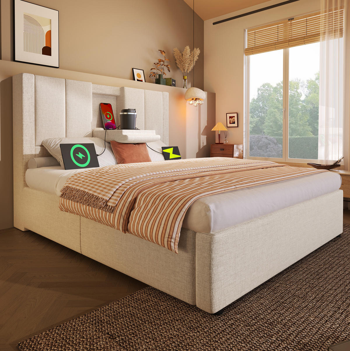 POLSTERBETT mit Bettkasten 90/200 cm in Beige mit Ladestation und gepolstertem Kopfteil - Beige, Textil (90/200cm) - BEAOK