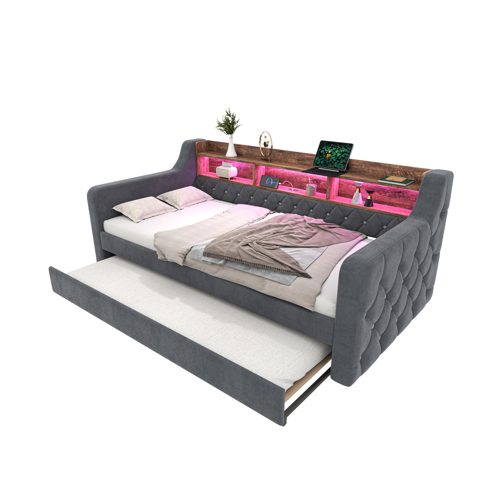 POLSTERBETT 90/190 cm dunkelgrau aus Samt mit Ausziehbett, LED und USB-C - Dunkelgrau, Holzwerkstoff (90/190cm) - OKWISH