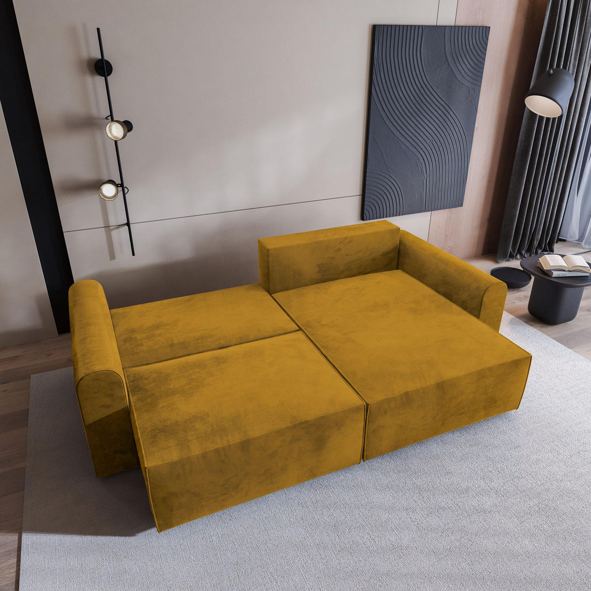 ECKSOFA FIANO M Gelb Velours-Stoff mit Schlaffunktion - Gelb, Holz (245/148cm) - MASSENO