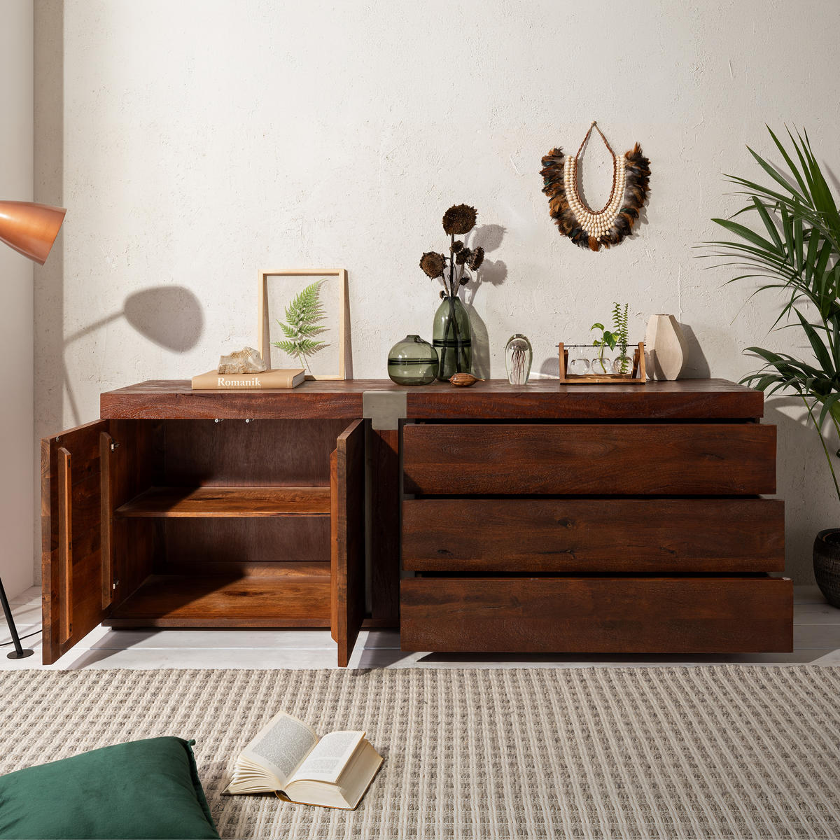 SIDEBOARD Mango 200x45x75 braun lackiert Amsterdam #30 - Braun, Holz (200/75/45cm) - Massivmoebel24