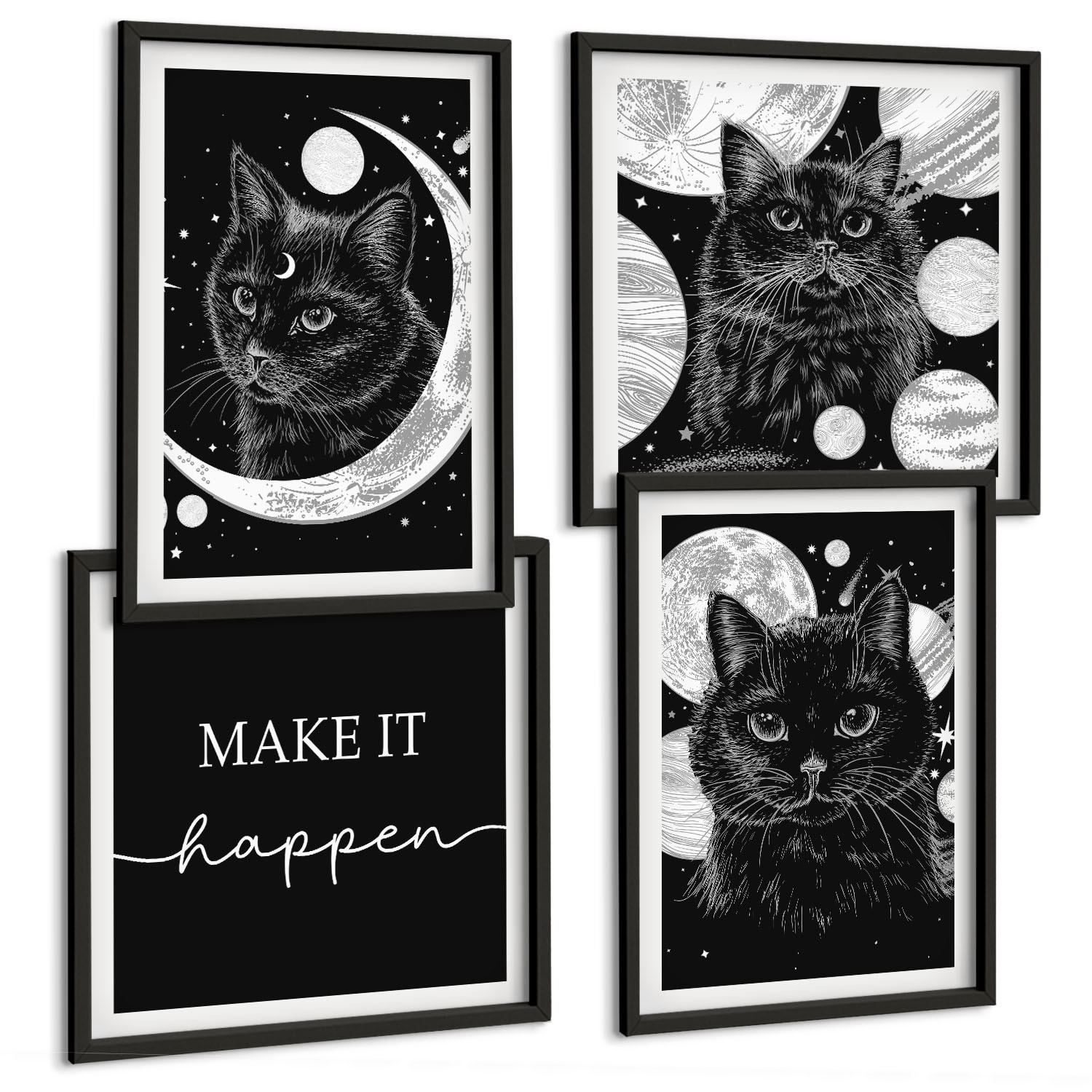 BILDER SET 4er Set - 50x50 cm & 40x60 cm Schwarzer Rahmen - Schwarze Katzen, Mond, Planet - Schwarz, Kunststoff (50/50cm) - TULUP