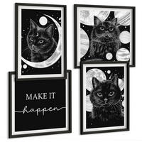 BILDER SET 4er Set - 50x50 cm & 40x60 cm Schwarzer Rahmen - Schwarze Katzen, Mond, Planet - Schwarz, Kunststoff (50/50cm) - TULUP