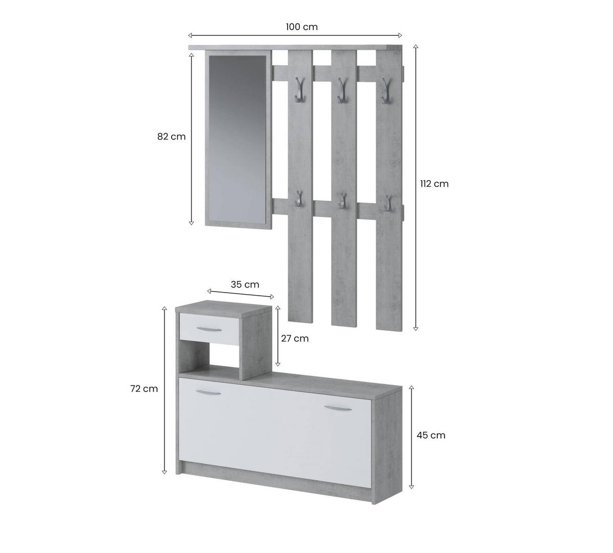 GARDEROBE Holz-Effekt Zement, Weiß 25x100h180 - Weiß/Grau, Holzwerkstoff (100/190/26cm) - DMORA
