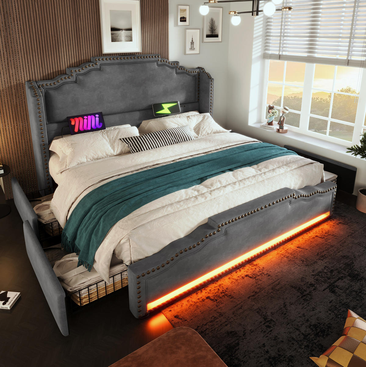 POLSTERBETT 180/200 cm aus Samt mit 4 Schubladen, LED und USB-/USB-C-Anschluss, Grau - Grau, Textil (180/200cm) - Redom