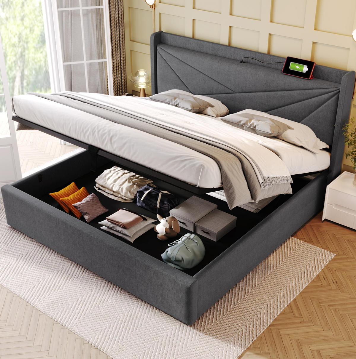 POLSTERBETT 160/200 cm Grau mit Bettkasten, Matratze und USB- und Type-C-Anschlüssen - Grau, Textil (160/200cm) - Flora Grace