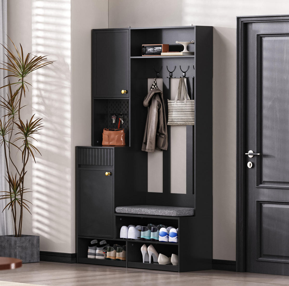 DIELENGARDEROBE mit Sitzbank, 4 Haken und Schubladen in Schwarz, 100/35/180 cm - Schwarz, Holzwerkstoff (100/180/35cm) - BEAOK