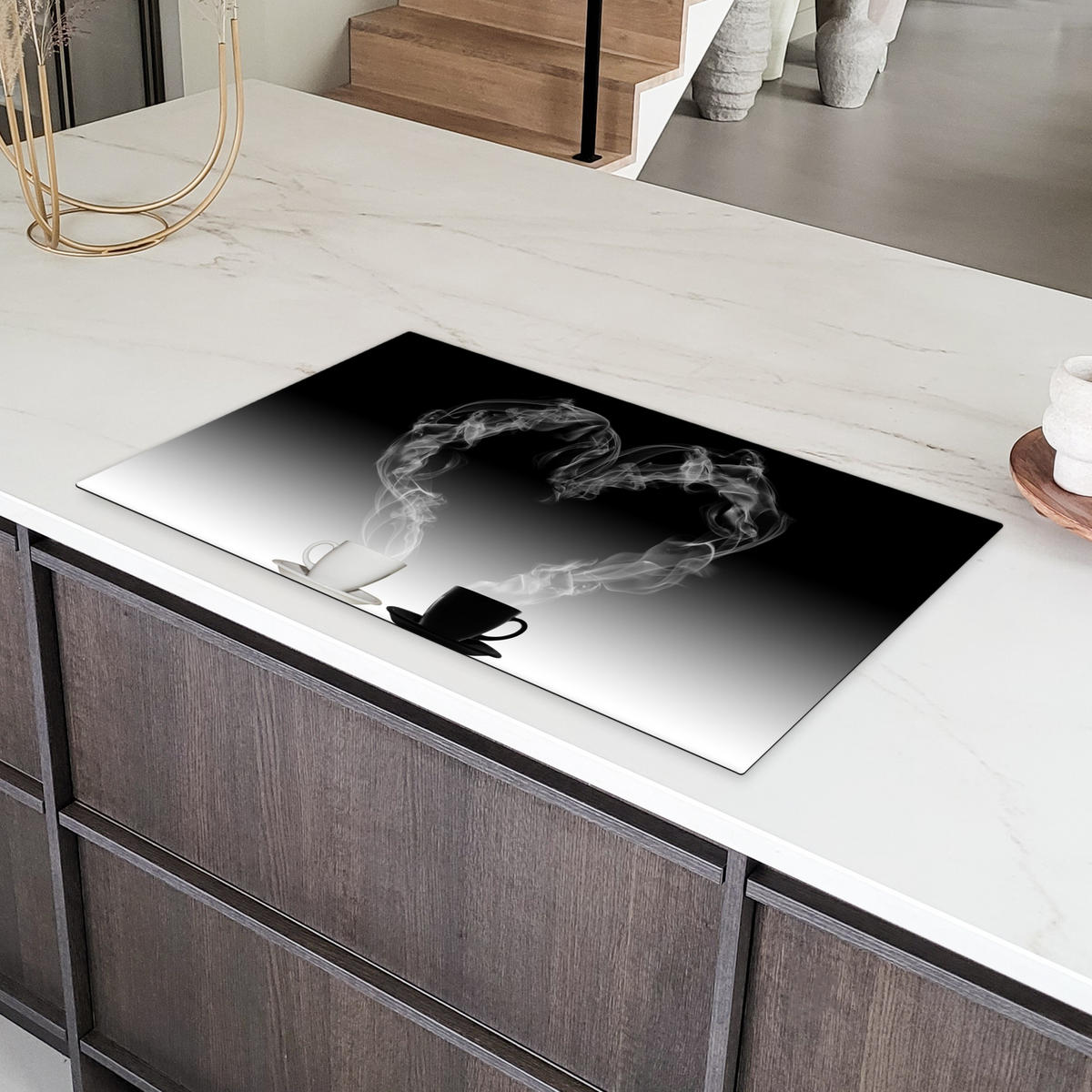 HERDABDECKPLATTE Kaffee - Herz - Schwarz und weiß - Tassen Induktionsschutz 91.2x52 cm - Weiß, Kunststoff (91.2/52/0.2cm) - MuchoWow