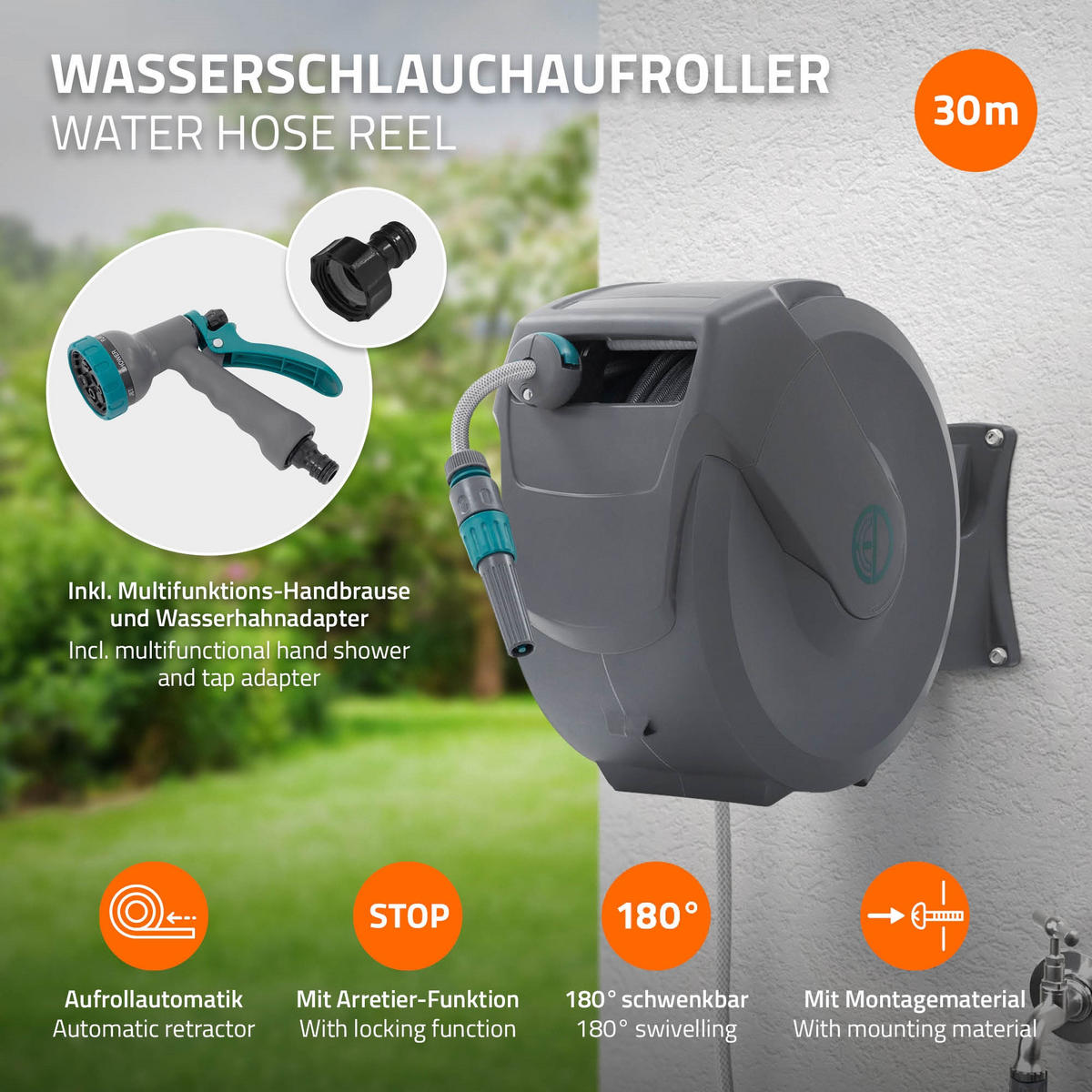 SCHLAUCHAUFROLLER 30m - Grau, Kunststoff (21/43/60.5cm) - ECD-Germany