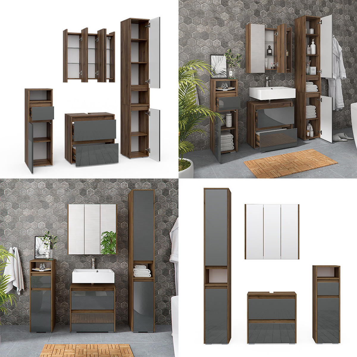 BADMÖBEL-SET Majest Anthrazit 4 Teile - Anthrazit/Walnussfarben, Holzwerkstoff (60/62/30cm) - Vicco
