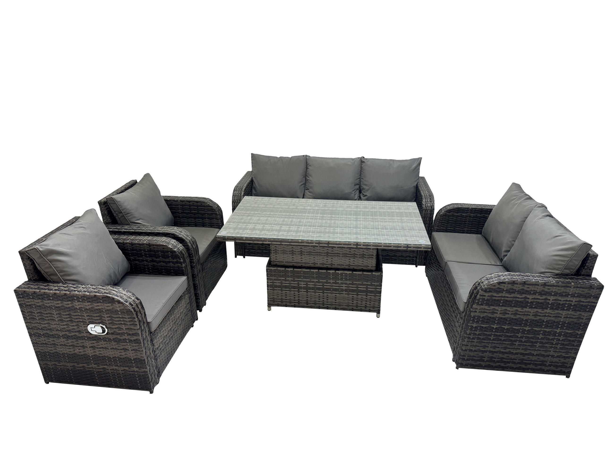 GARTENMÖBELSET mit Höhenverstellbarer Esstisch 7-Sitzer Grau - Dunkelgrau/Grau, Glas/Kunststoff - Fimous