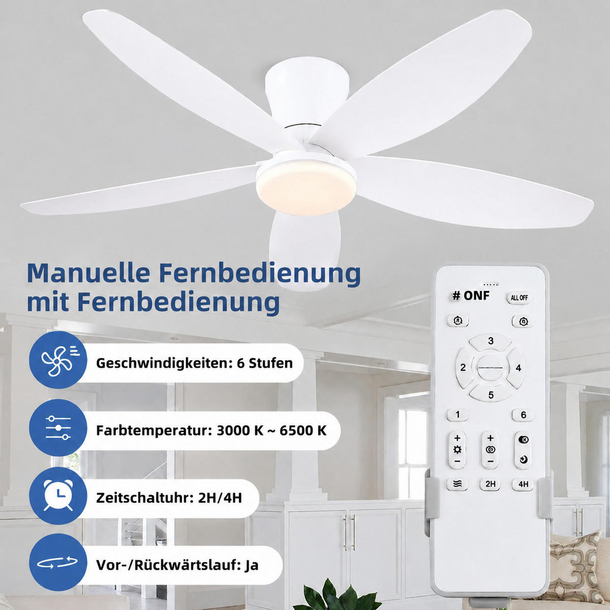 DECKENVENTILATOR Weiß 91,4 cm mit LED und leisem DC-Motor - Weiß, Kunststoff (91.4/91.4/21.8cm) - Surtime