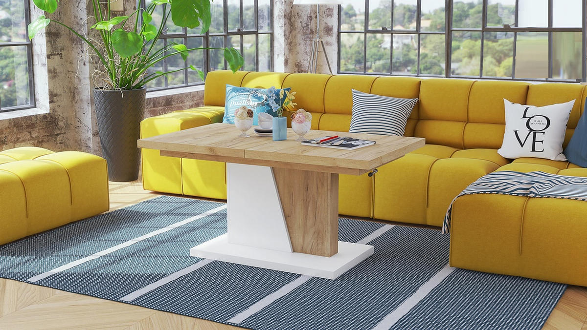 COUCHTISCH rechteckig Eiche Gold - Weiß matt ausziehbar höhenverstellbar - Eichefarben, Holzwerkstoff (70/120/60cm) - designimpex