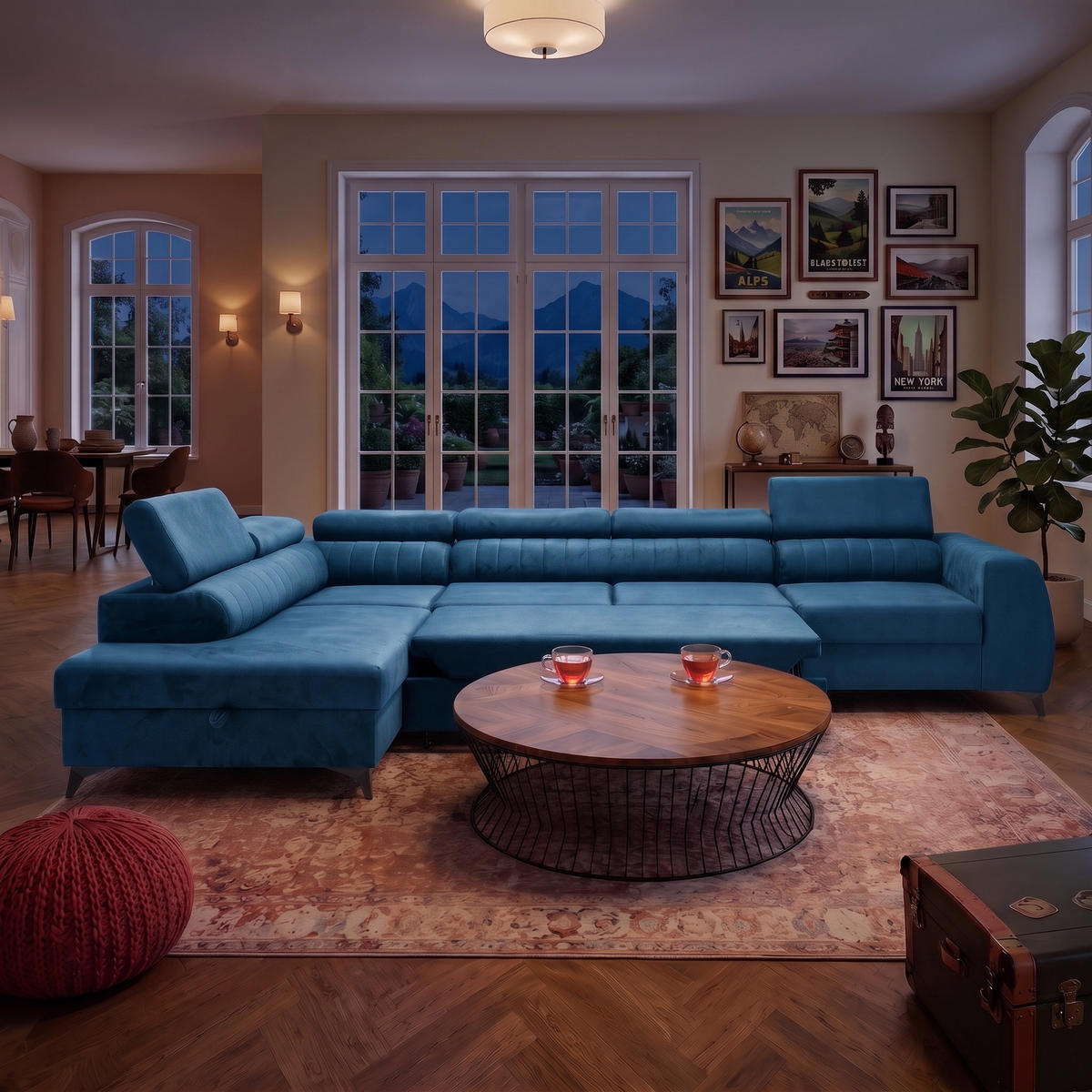 ECKSOFA PIERO MAXI Links mit Schlaffunktion 195x125 Velours Blau - Blau/Schwarz, Holz/Textil (350/203cm) - Muffo