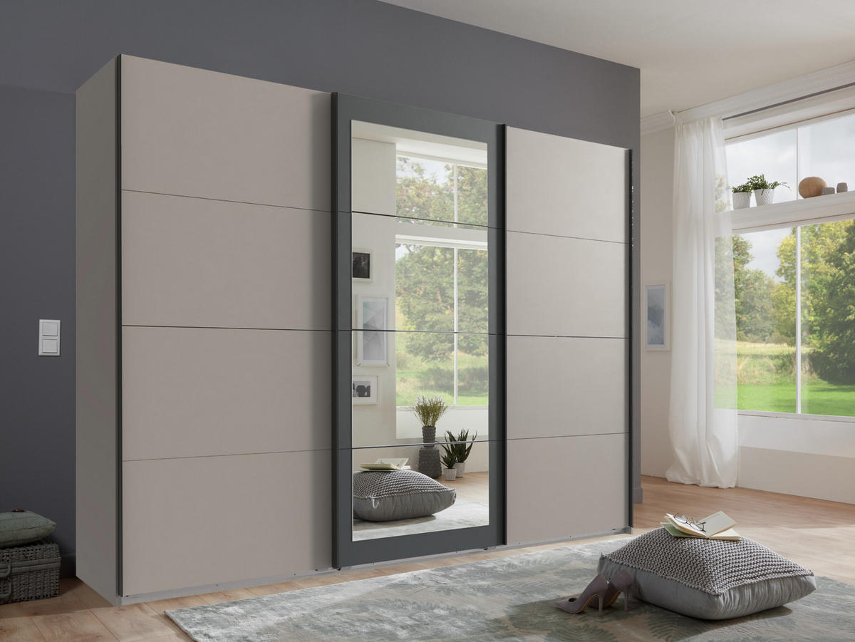SCHWEBETÜRENSCHRANK 3-türig, Spiegeltür 270/210/65 cm, Kleiderstangen, Einlegeböden, Sand Grau mit Absetzungen in Anthrazit / 22007 - Sandfarben/Anthrazit, Holzwerkstoff/Metall (270/208/65cm) - luma-home