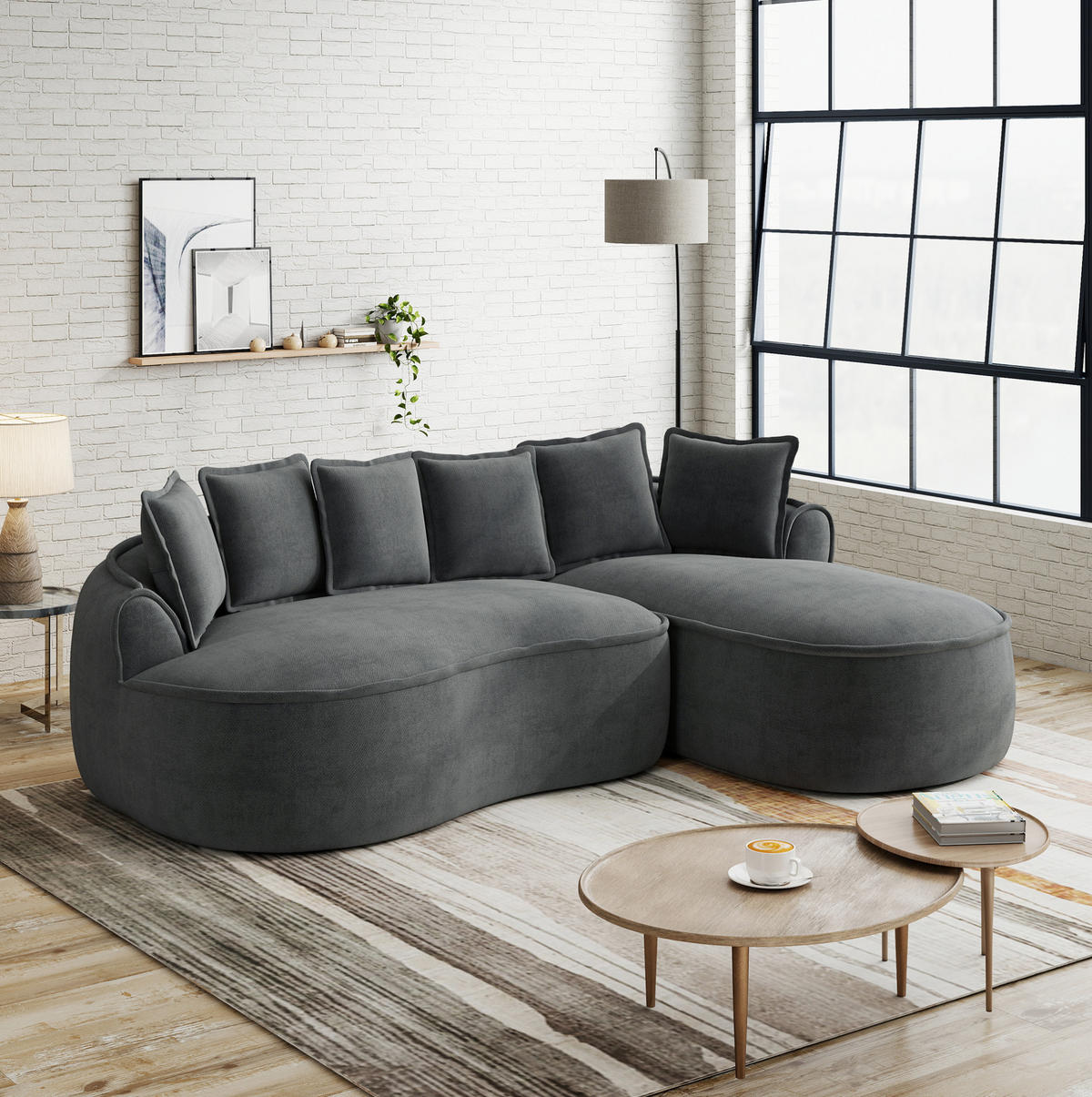 ECKSOFA 252/164/67 cm modular 122 cm grau aus Chenille mit Chaiselongue und Kissen - Grau, Textil (164/252cm) - OKWISH