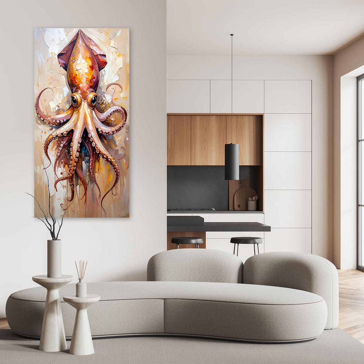 LEINWANDBILD Oktopus Ozean Natur 60x120cm - Beige, Textil (60/120cm) - Feeby