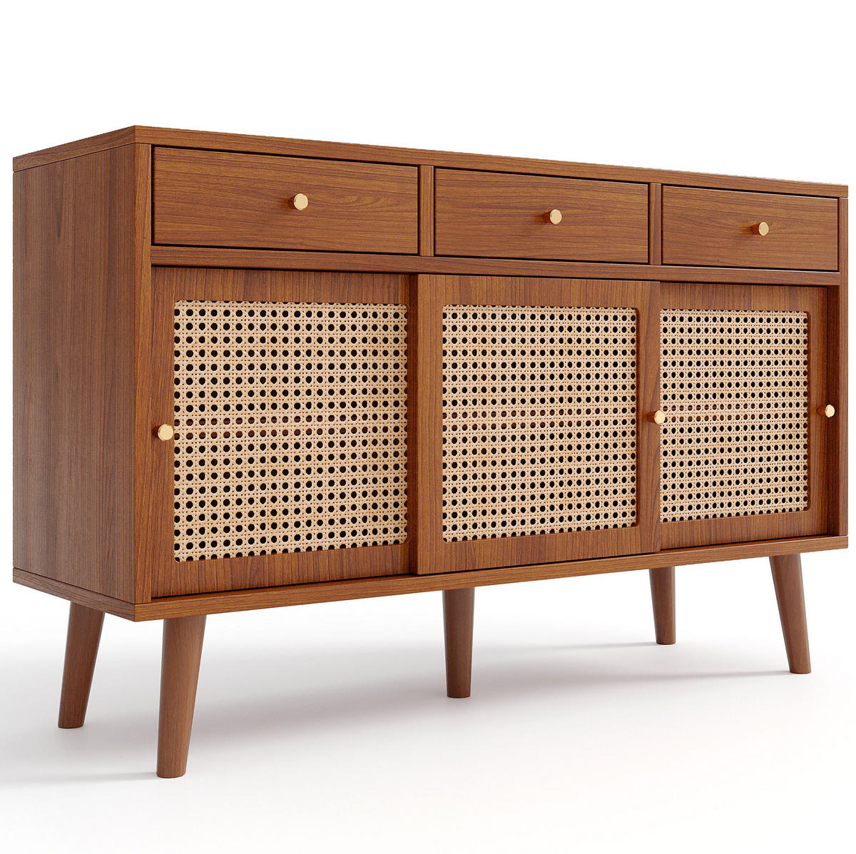 SIDEBOARD 120/40/78 cm in Walnuss mit 3 Schubladen, 3 Schiebetüren und Rattangeflecht - Eichefarben, Holzwerkstoff (120/78/40cm) - Flora Grace