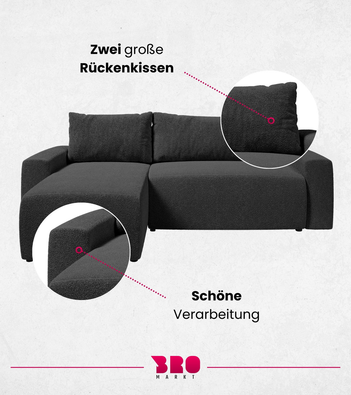 ECKSOFA PLUSH mit Schlaffunktion Anthrazit Boucle - Anthrazit, Textil (240/145cm) - Bromarkt