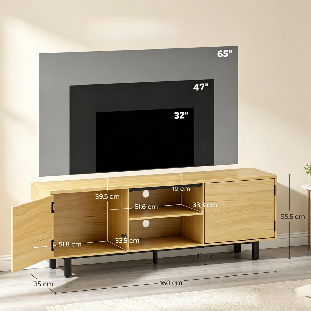 TV-SCHRANK 160/35/55.5 cm Natürlich mit 2 Drucktüren und 2 offenen Regalen - Naturfarben, Holz/Holzwerkstoff (160/55.5/35cm) - Oxeza