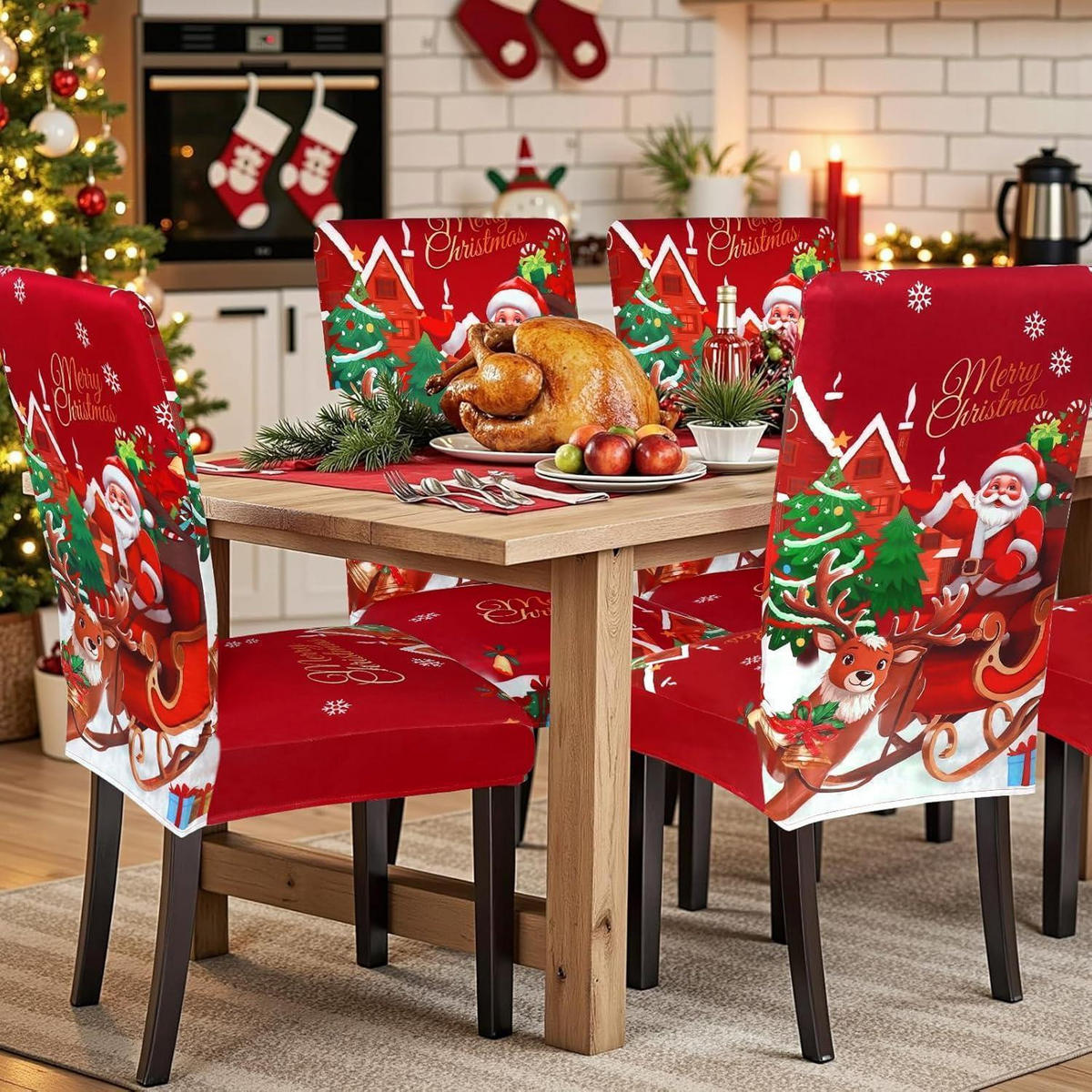 STUHLHUSSEN Weihnachten 6er Set Stretchbezug für Esszimmerstühle - Multicolor, Textil (40/45cm)