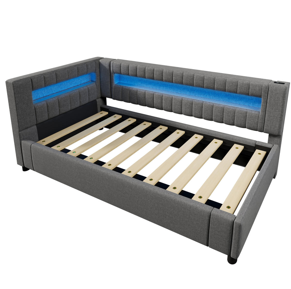 POLSTERBETT 90/200 cm Grau aus Leinen mit LED-Beleuchtung und Stauraum - Grau, Textil (90/200cm) - OKMYHOME