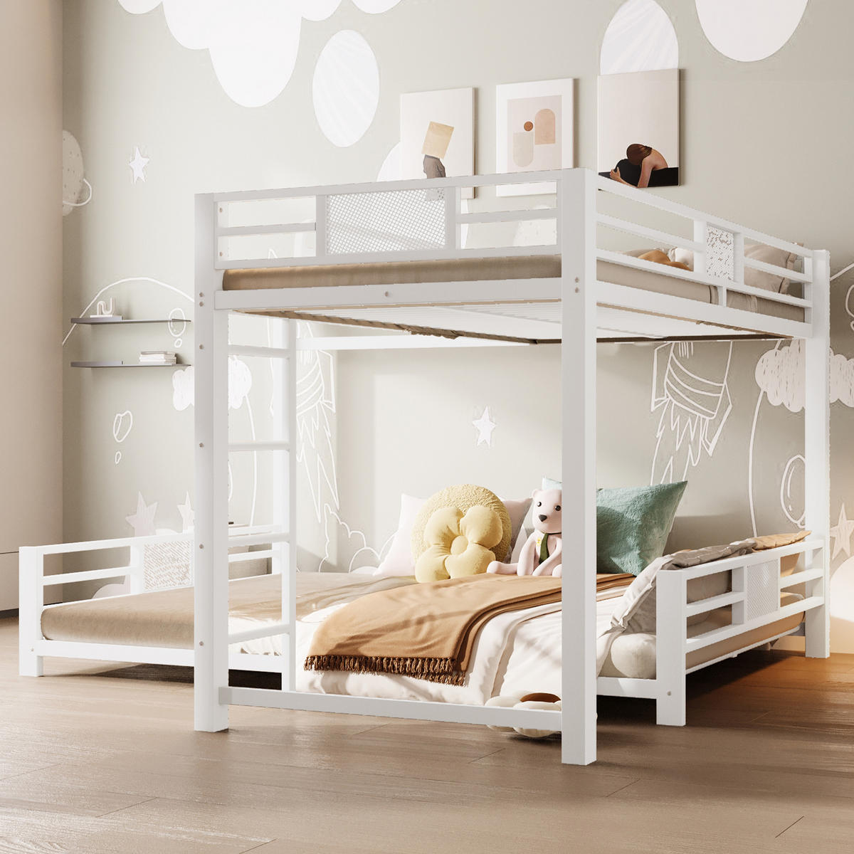 ETAGENBETT 90/200 cm weiß aus Metall mit L-Form und Schutzgittern - Weiß, Metall (90/200cm) - OKWISH