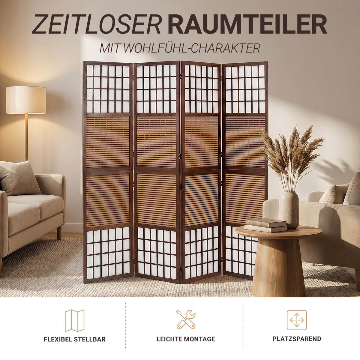 PARAVENT 4-tlg. 176/175 cm Braun Bambuslamellen - Braun, Holz (176/175/2cm) - Homestyle4u