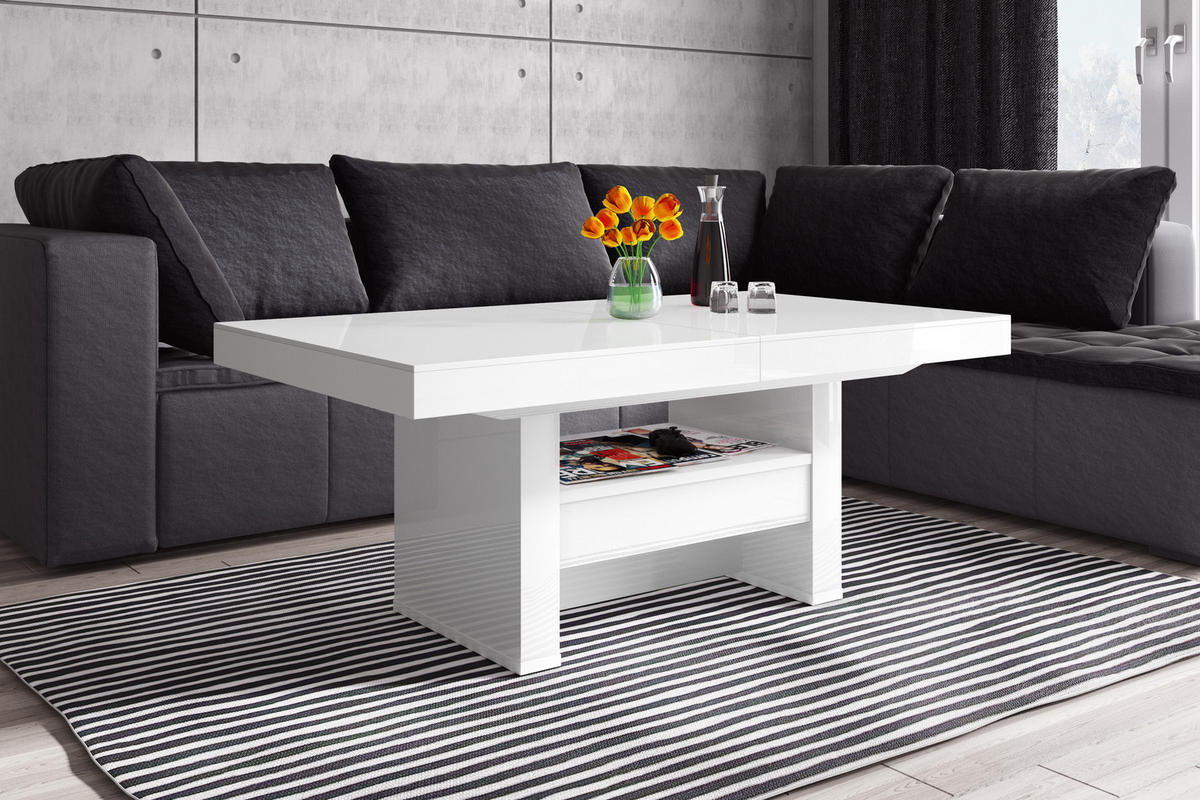 COUCHTISCH rechteckig Weiß Hochglanz Höhenverstellbar ausziehbar 12/75/55 cm - Weiß Hochglanz, Holzwerkstoff (75/120/55cm)