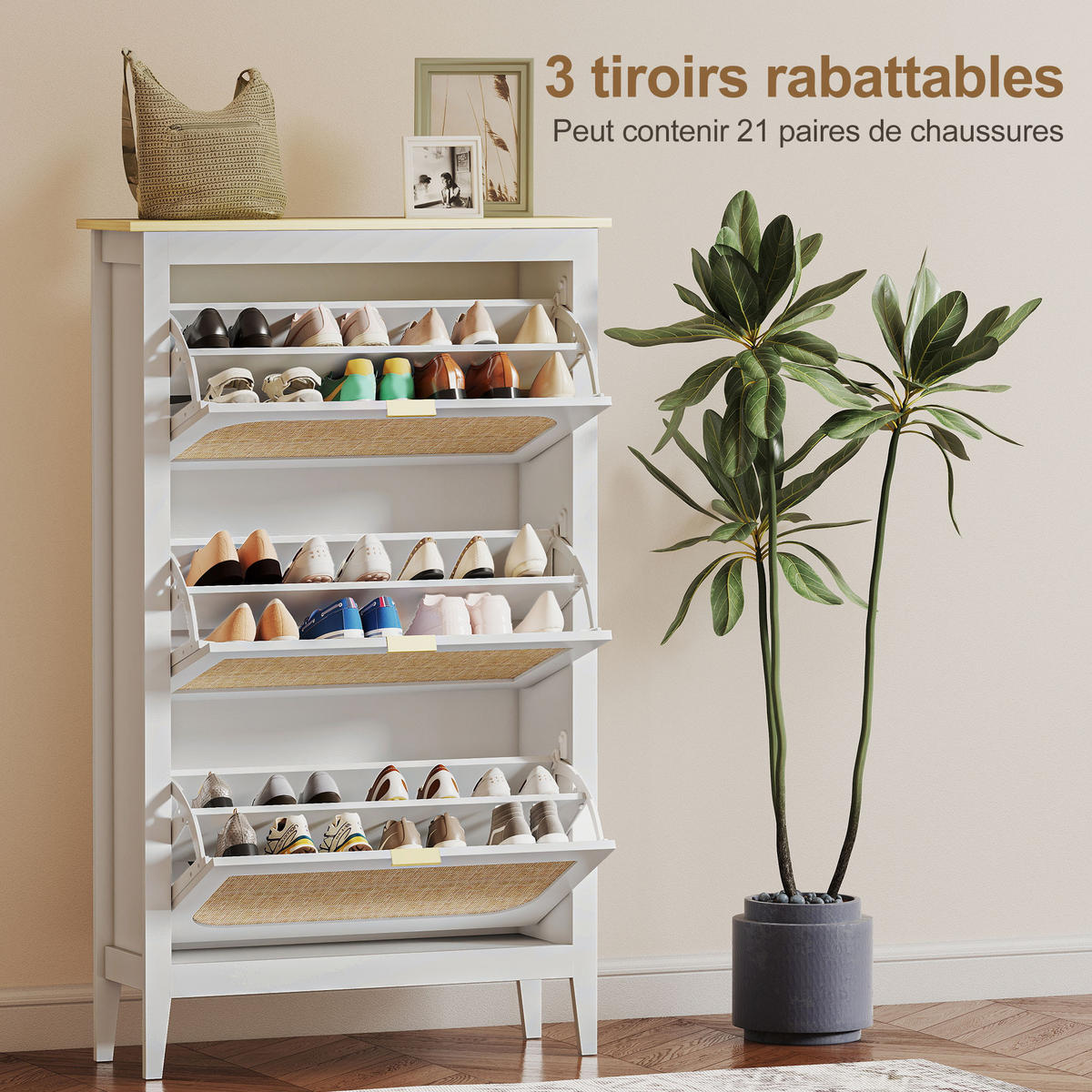 SCHUHSCHRANK DE-15045 Boho-Design mit 3 Klapptüren & Rattan-Optik Weiß - Weiß, Holzwerkstoff (80/131/24cm) - ComfortXL