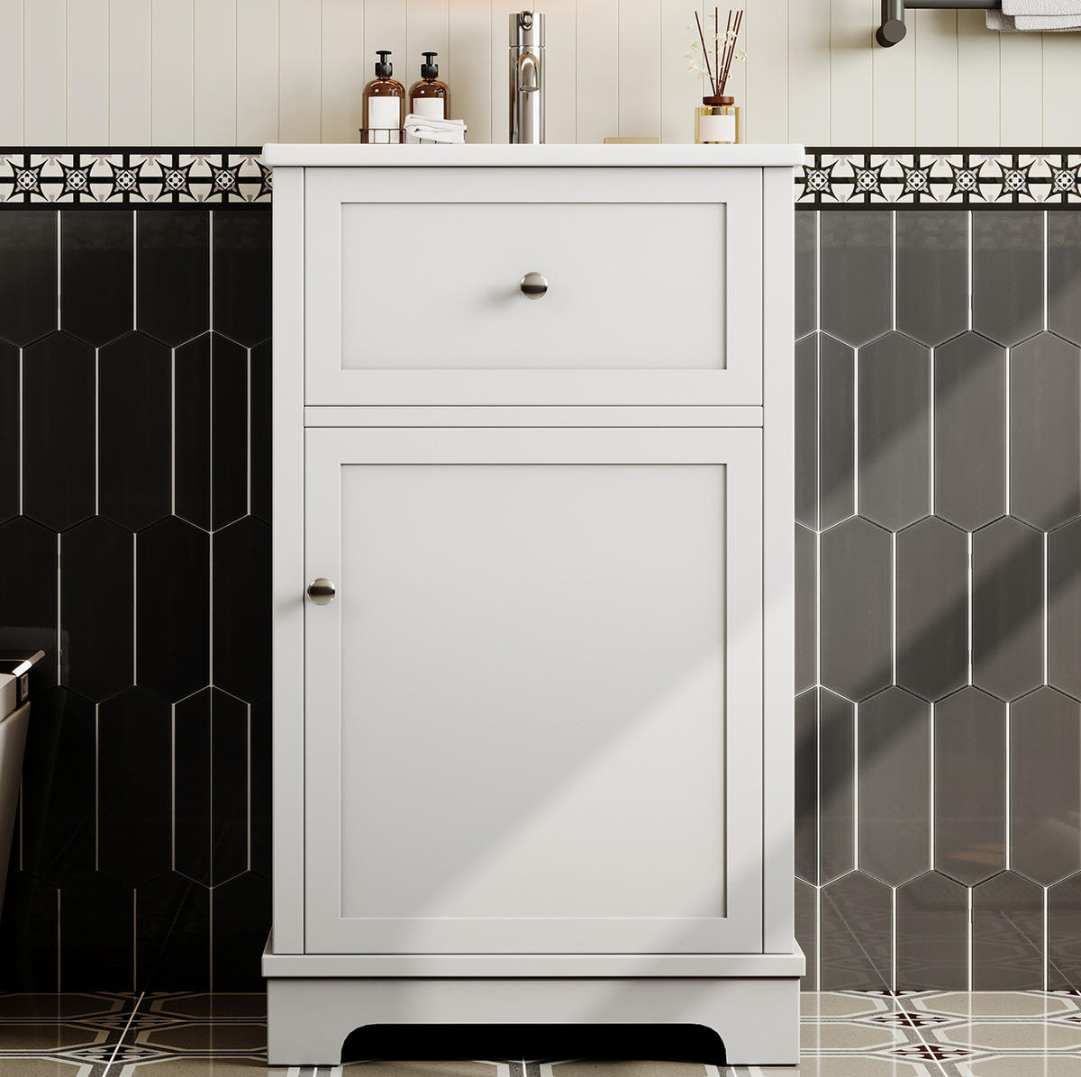 MDF-WASCHTISCH 51x46x87 cm Weiß mit Keramikbecken, Klappfach, verstellbarem Einlegeboden und Türablage - Weiß, Keramik (51/87/46cm) - Modfu