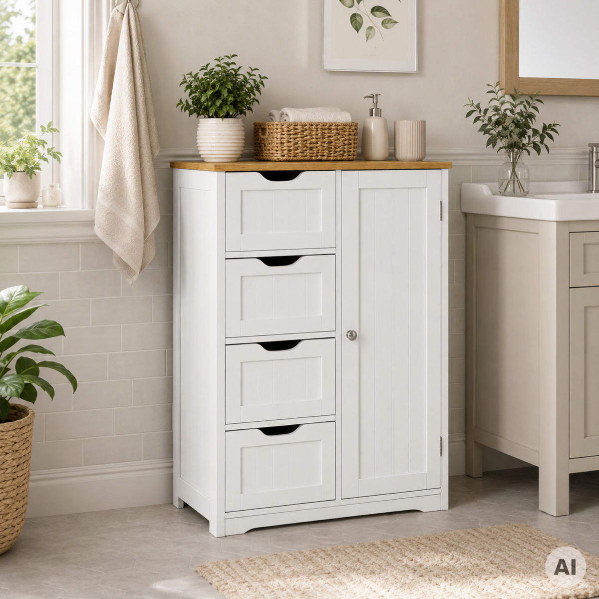 BADEZIMMERSCHRANK MDF Weiß Eiche 4 Schubladen 1 Tür 60x30x80 cm - Weiß, Holzwerkstoff (60/80/30cm) - Begryf