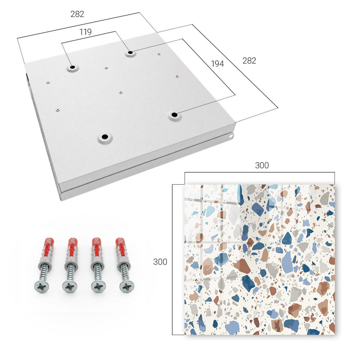 SCHLÜSSELBOX Weiß 30x30 cm – Türöffnung nach rechts - Steinmosaik - Grau, Metall (30/30/5cm) - TULUP