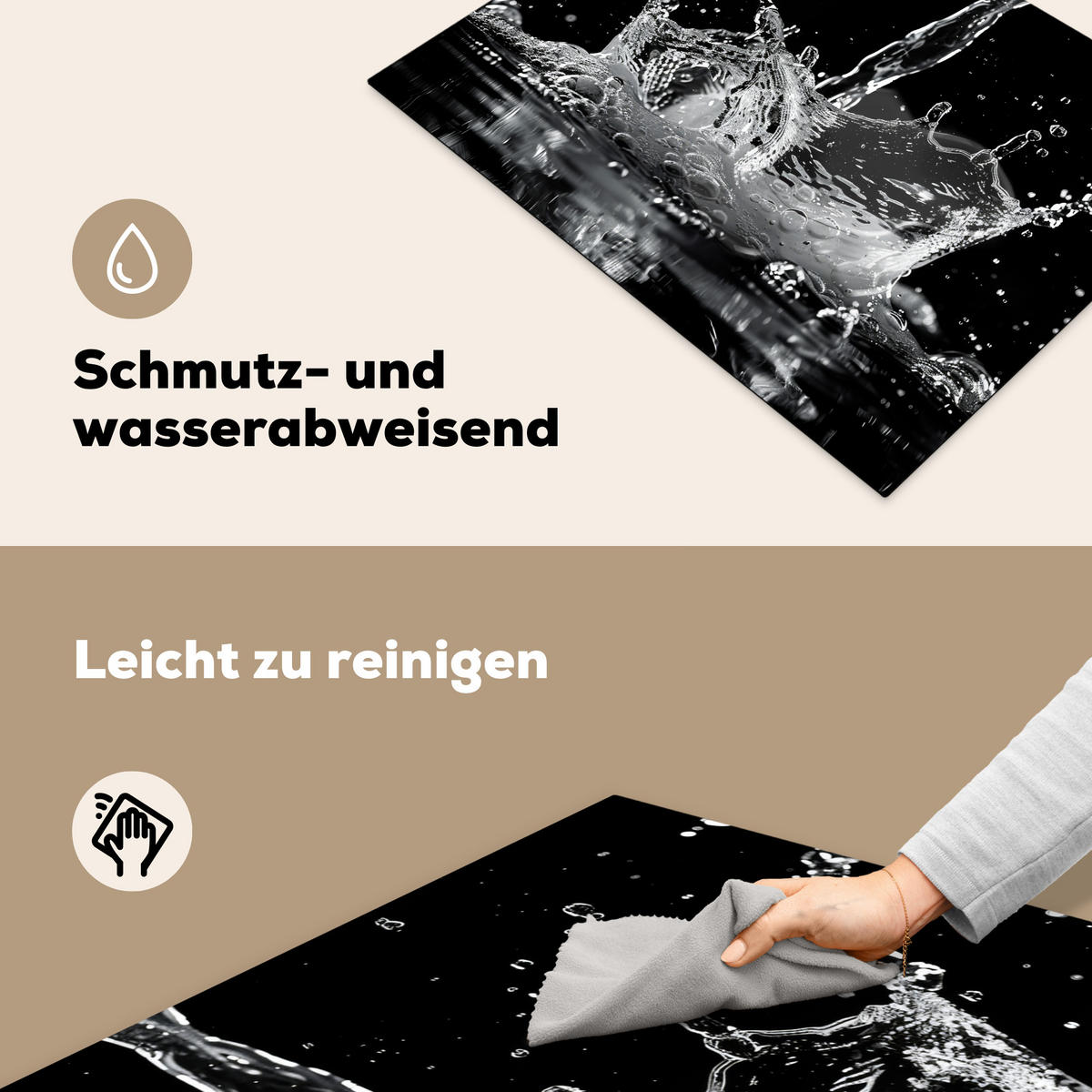 HERDABDECKPLATTE Wasser - Spritzwasser - Schwarz Herdabdeckung Induktionsfeld 70x52 cm - Schwarz, Kunststoff (70/52/0.2cm) - MuchoWow