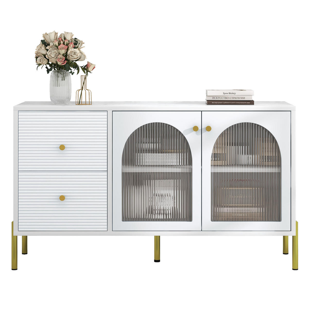 SIDEBOARD mit Vitrine Marmor Glas Weiß - Weiß, Glas (40/73/120cm) - Urban Meuble