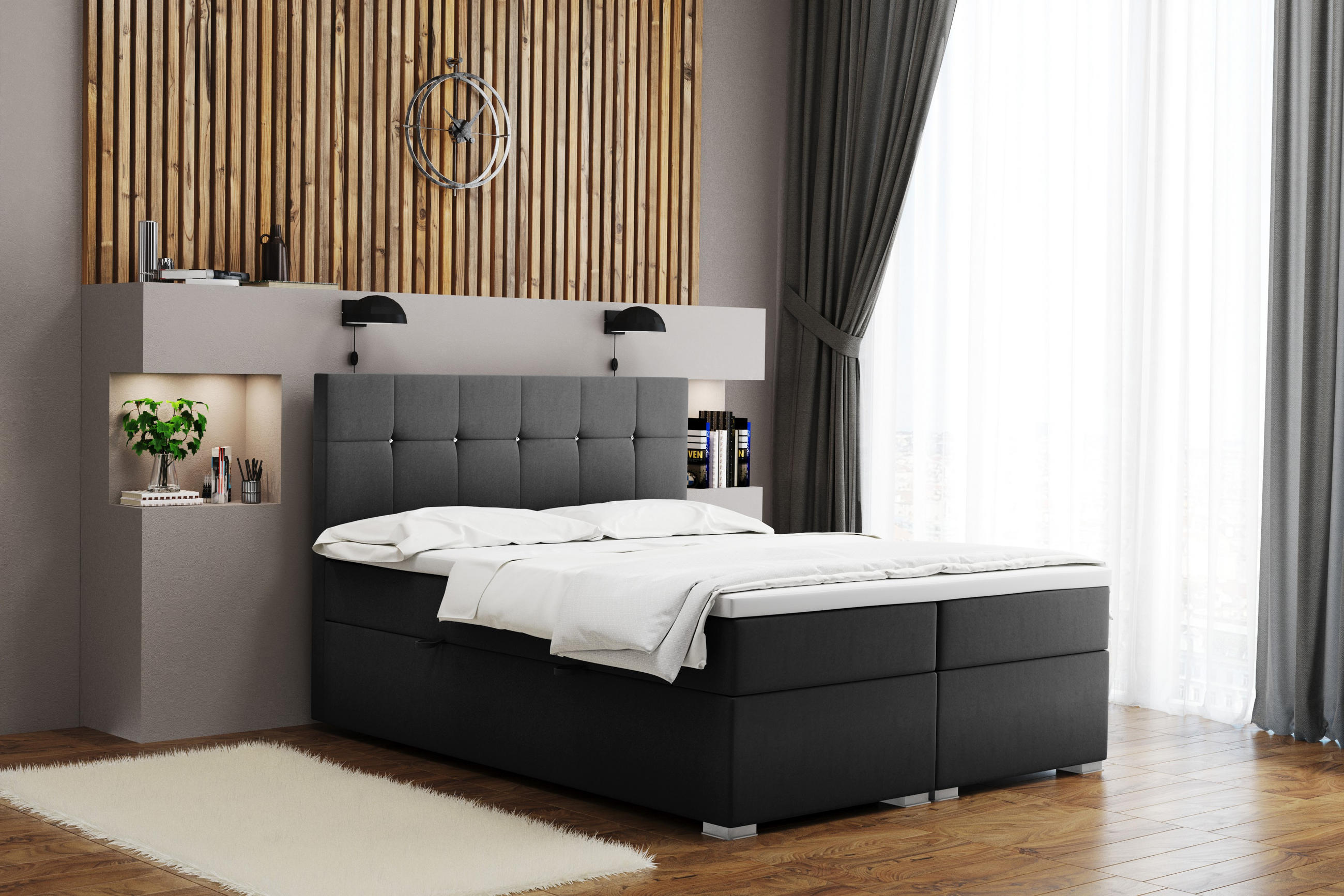 BOXBETT Mit Matratze Und Bettkasten LINDT Stoff Velvet 200x200 cm Dunkelgrau H3-Bonell - Dunkelgrau, Holz (200/200cm) - Kaiser Möbel