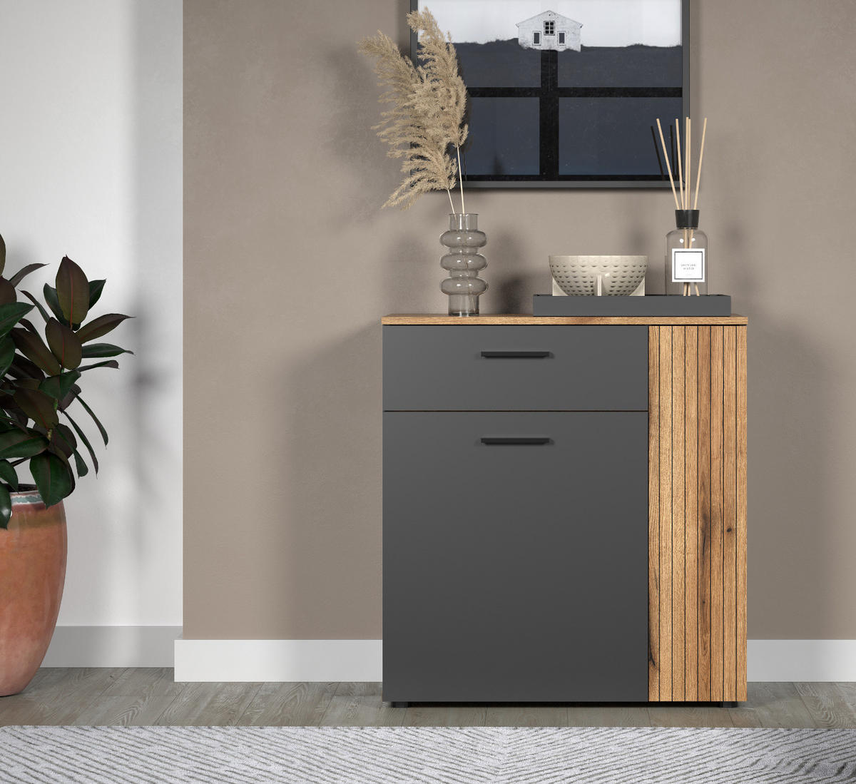 KOMMODE grau, Eiche Evoke 80 cm, Sideboard in modernem Design - Eichefarben/Anthrazit, Holzwerkstoff/Kunststoff (80/86/38cm) - Top.Furn