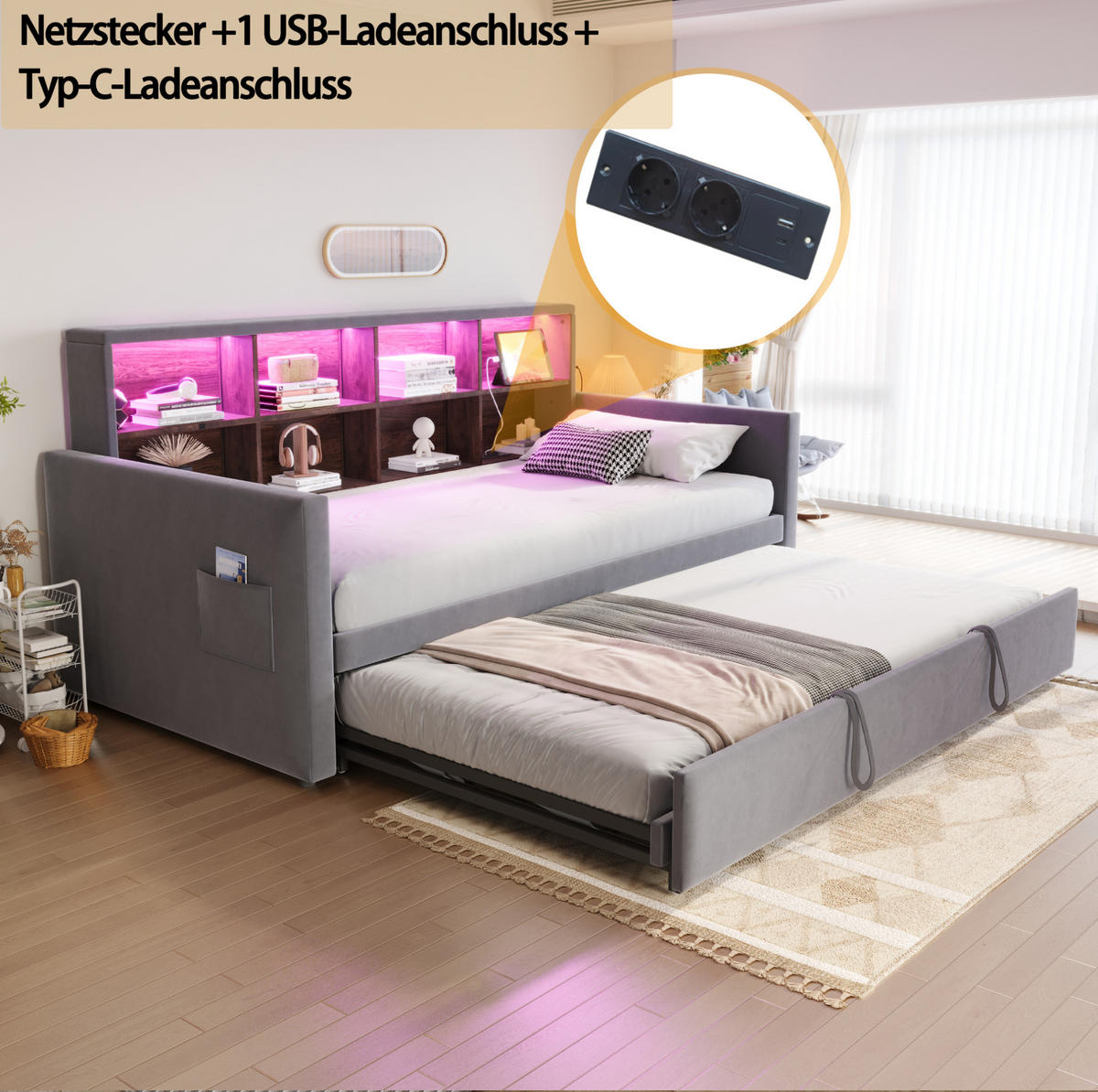 POLSTERBETT aus Samt 90x190 cm Dunkelgrau mit Ausziehbett, LED-Beleuchtung, Steckdosen und Stauraum im Kopfteil - Dunkelgrau, Textil (90/190cm) - Modfu