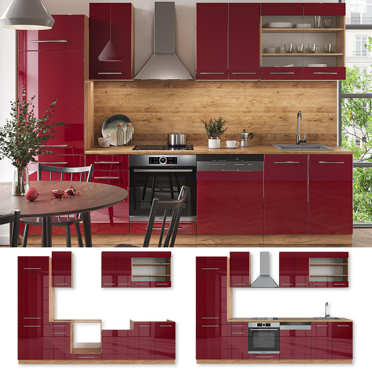 KÜCHENZEILE Fame-Line Bordeaux Hochglanz/Goldkraft Eiche 300 cm ohne AP - Bordeaux/Eiche Wotan, Holzwerkstoff (300/81.6/46cm) - Vicco
