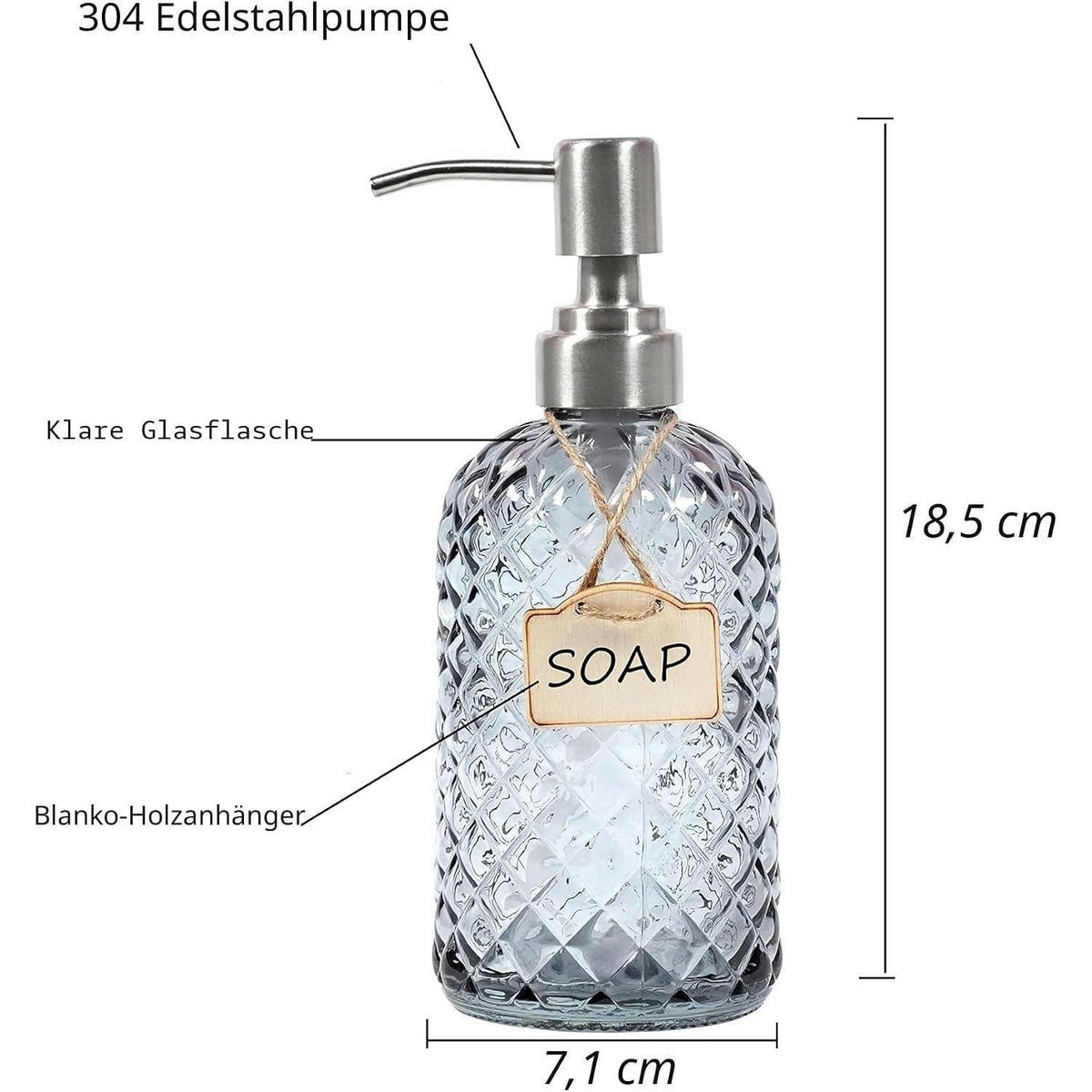 SEIFENSPENDER 2-teiliges Set Glas Grau mit Edelstahlpumpe - Transparent, Glas (7.1/18.5/7.1cm)