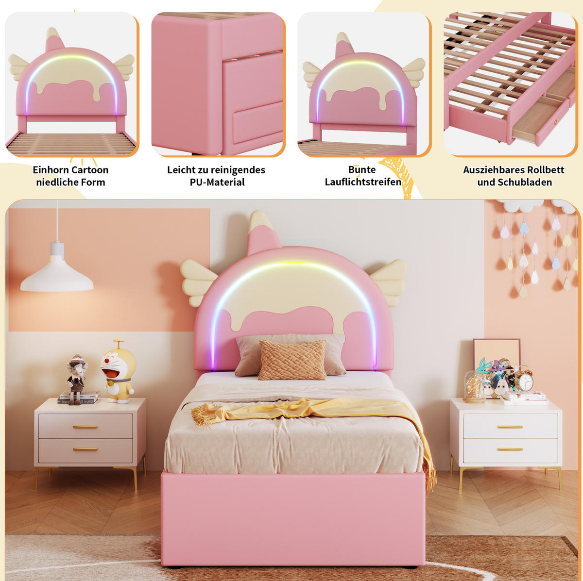 KINDERBETT 90/200 cm mit ausziehbarem Rollbett und Schubladen, Einhorn-Design aus PU und MDF, Rosa - Rosa, Kunststoff (90/200cm) - Redom