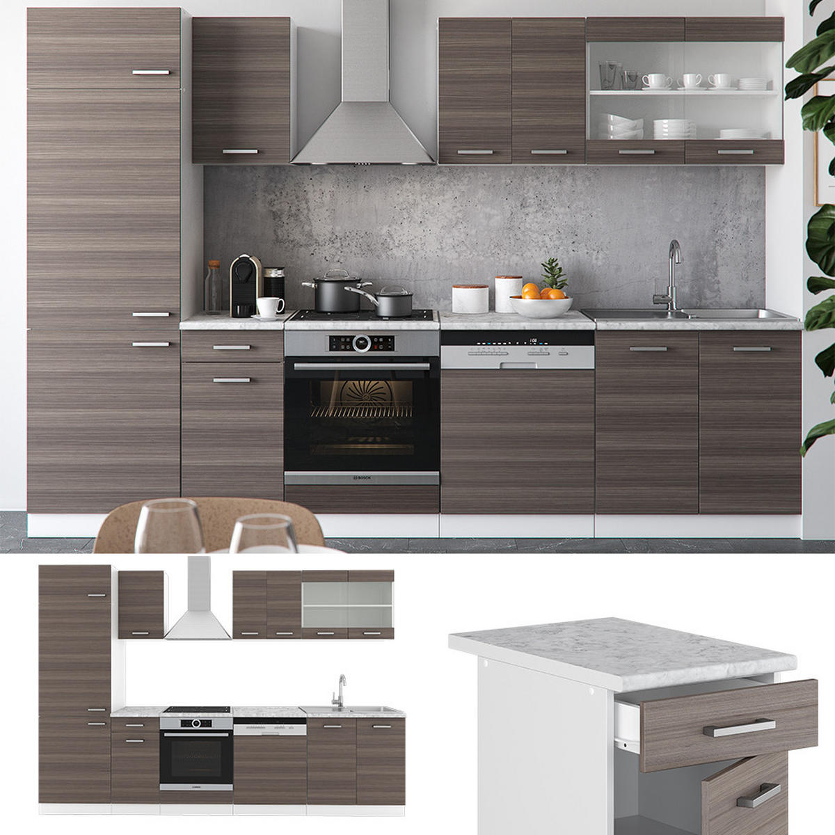 KÜCHE R-Line Edelgrau/Weiß 300 cm, AP Marmor - Braun/Weiß, Holzwerkstoff (300/81.6/60cm) - Vicco