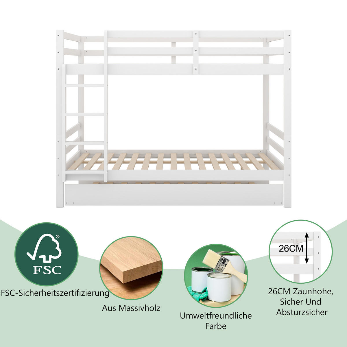 ETAGENBETT 140x200cm Weiß mit Ausziehbett hohe Geländer - Weiß, Holz (140/200cm) - FLIEKS