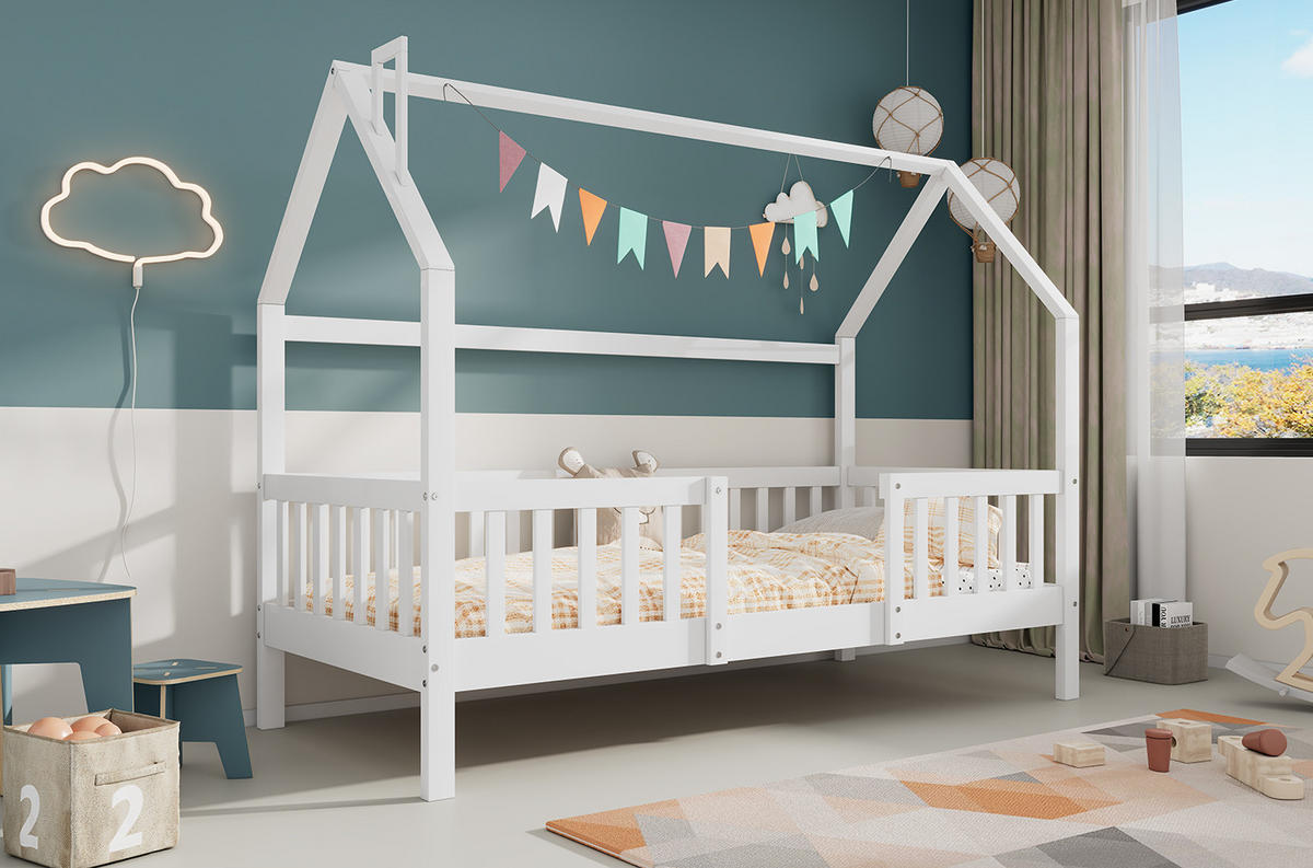 KINDERBETT 90/200 cm mit Dach, Zaun und Lattenrost aus Kiefern, Weiß - Weiß, Holzwerkstoff (90/200cm) - Redom