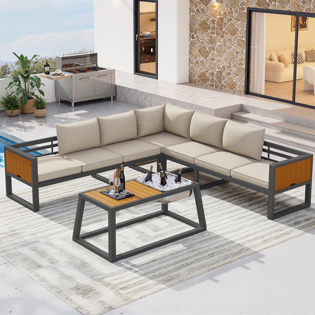 GARTENLOUNGE Grau Beige modular verstellbar Metall Eisbehälter Kissen - Beige, Metall - FLIEKS