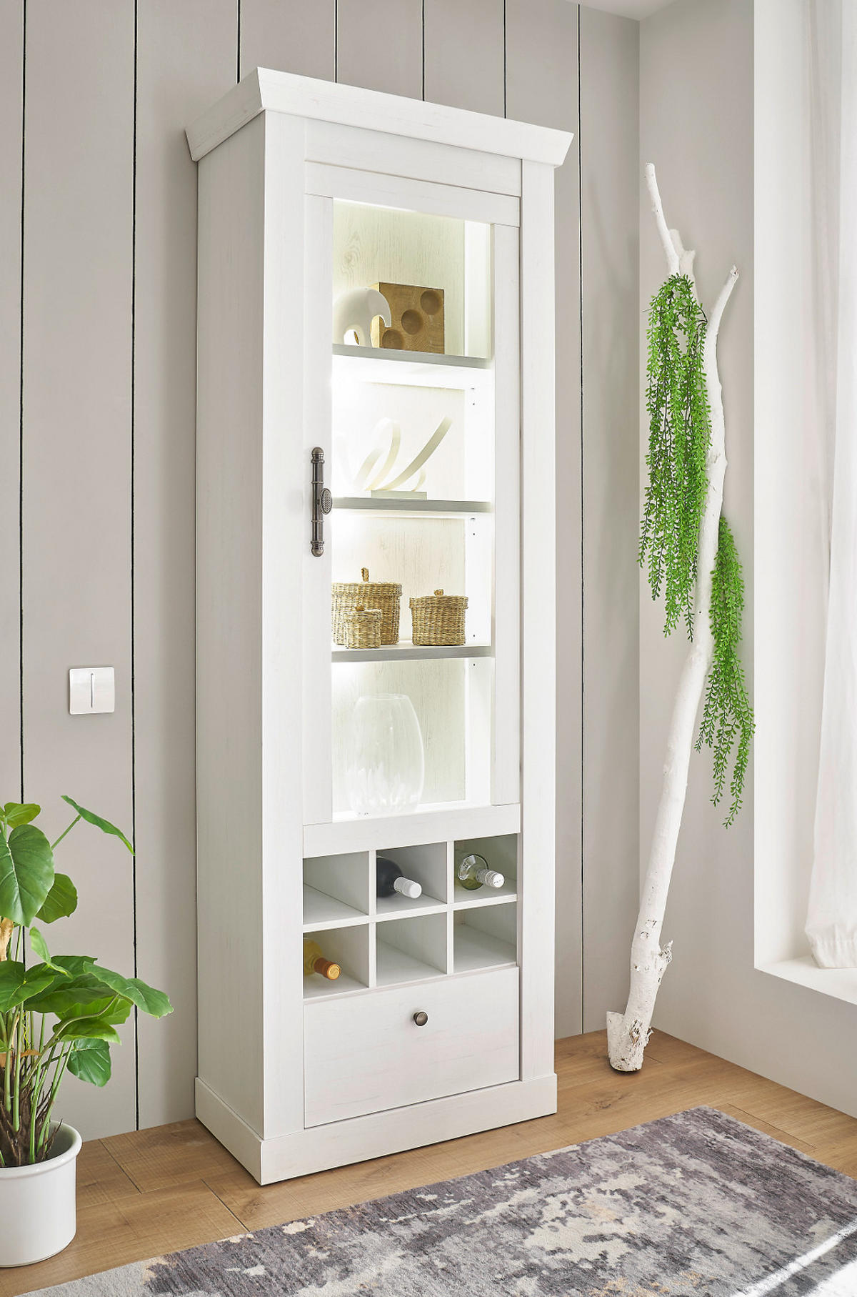 VITRINE weiß Pinie Landhaus, Vitrinenschrank 70 x 201 cm, Soft-Close-Funktion - Weiß, Holzwerkstoff/Kunststoff (72/201/38cm) - Furn.Design