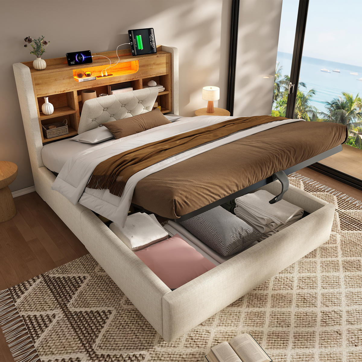 POLSTERBETT 90/200 cm in Beige Leinen mit Bettkasten, LED und USB-C - Beige, Holzwerkstoff/Textil (90/200cm) - WISHDOR